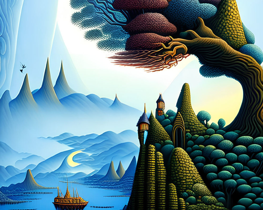 Surreal moonlit landscape with whimsical trees, castles, and ship