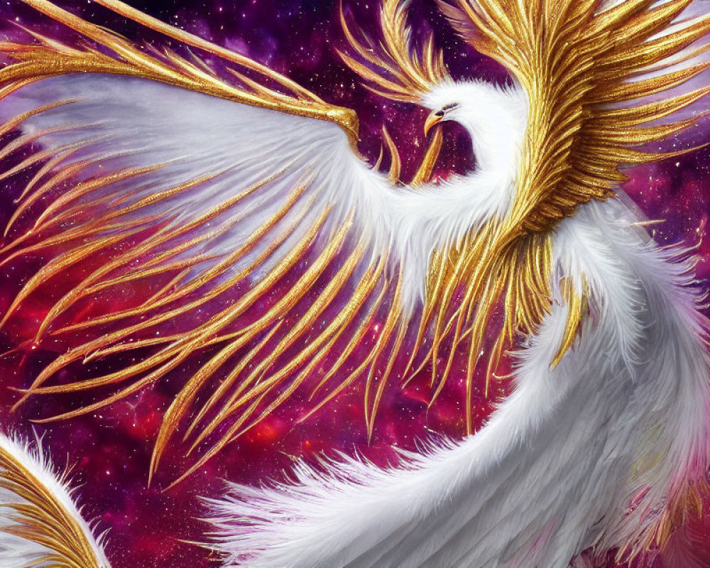 Mythological white bird with golden wings in cosmic purple background