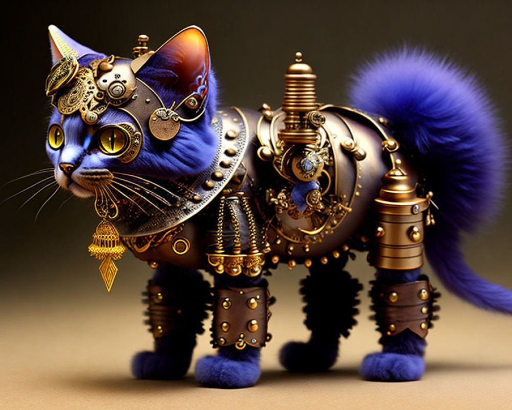 Blue cat with steampunk mechanical armor: gears, pipes, gold accents