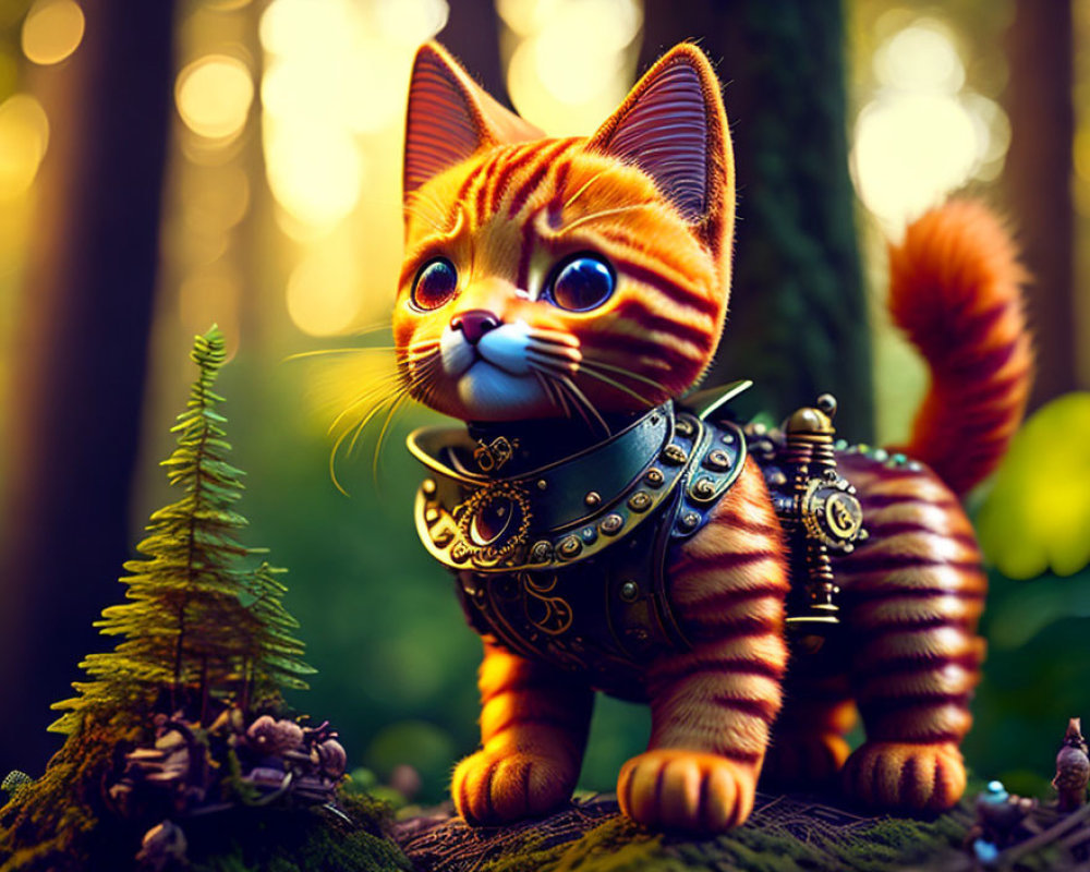 Digital Artwork: Orange Striped Cat in Armor in Mystical Forest