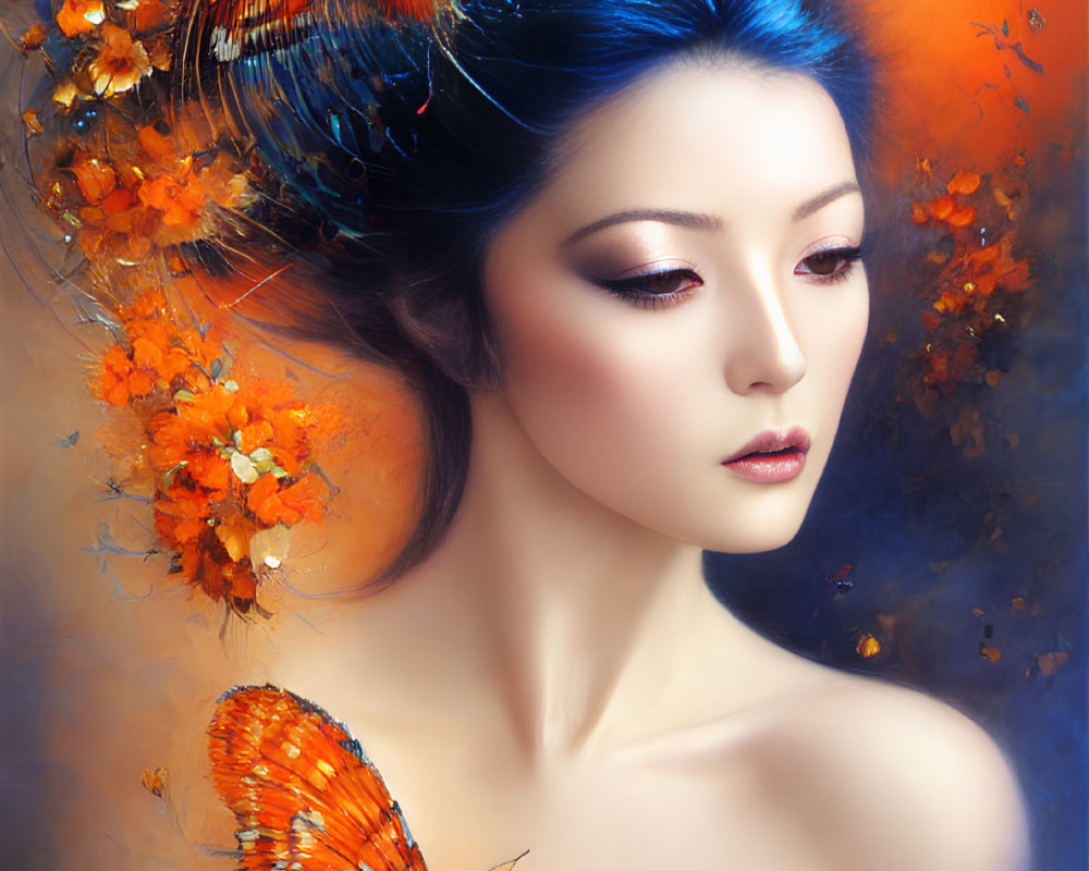 Woman with Vibrant Blue Hair, Orange Flowers, and Butterflies on Colorful Background