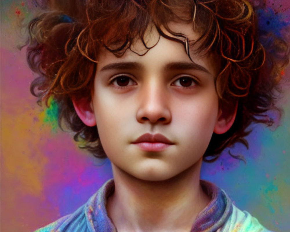 Young individual with curly hair and tie-dye shirt surrounded by colorful dust