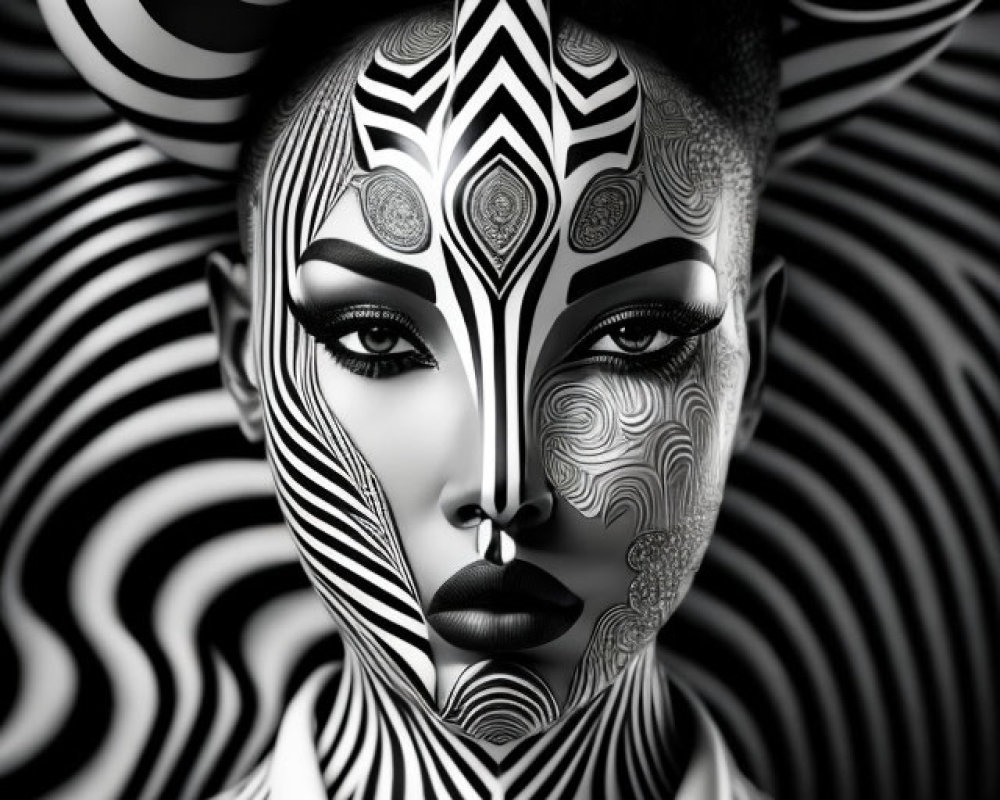 Monochrome image featuring intricate black and white patterns on a person, headpiece, and garment.