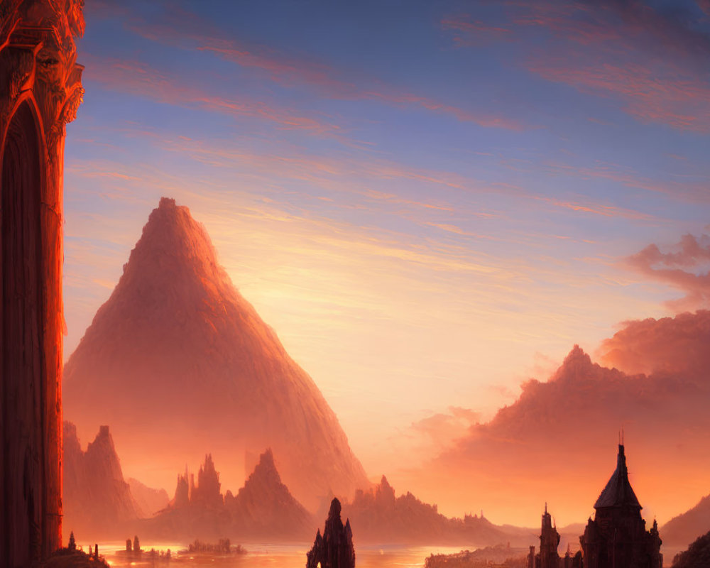 Vibrant sunset over majestic fantasy landscape