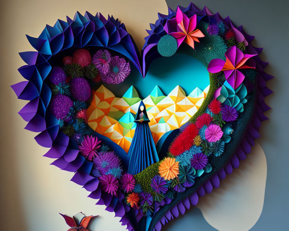 Vibrant 3D paper art of layered heart with intricate designs and bird figure