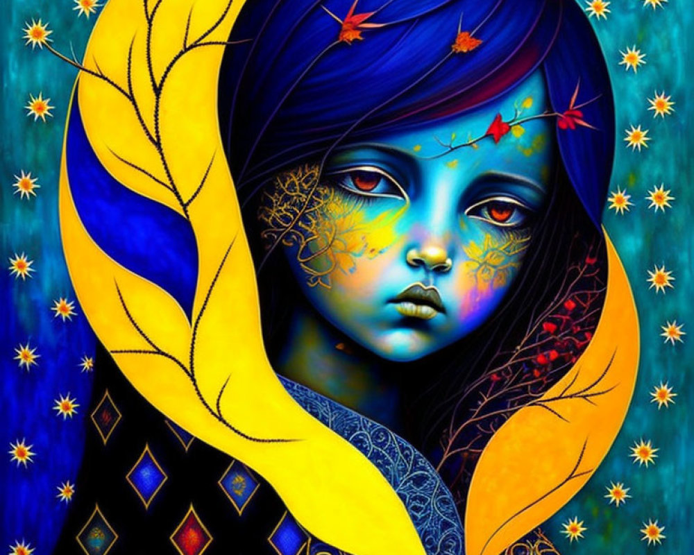 Vibrant artwork: girl with blue skin, gold patterns, yellow cloak, blue background