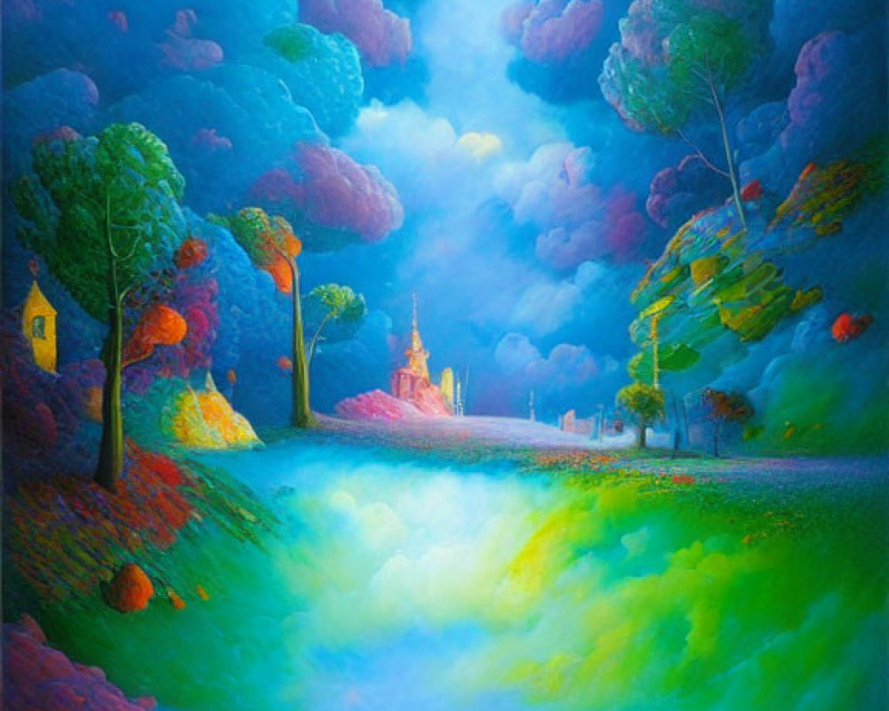 Colorful landscape with trees, river, castle, and sun in vibrant hues