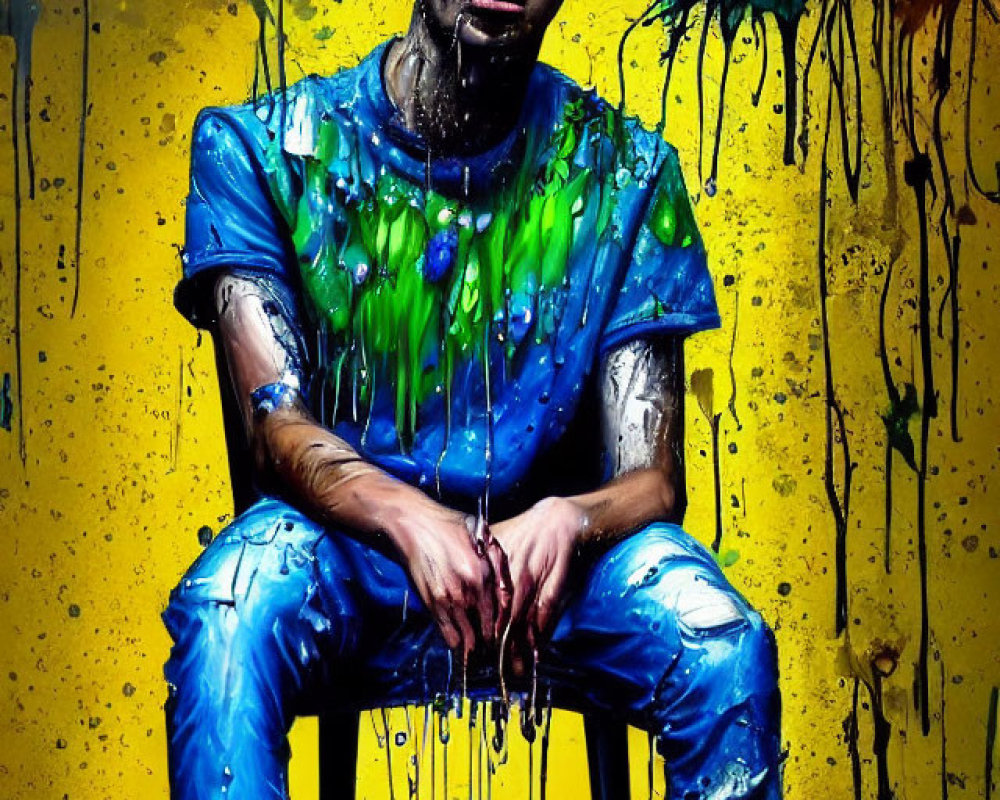 Colorful paint splattered person on stool against yellow background