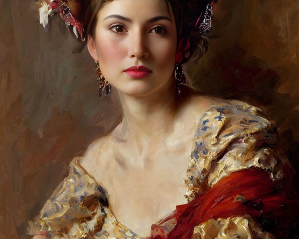 Classical woman portrait in ornate dress and hairpieces