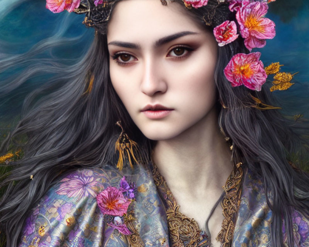 Digital artwork: Woman with gray hair, floral headdress, intricate garments, mystical background