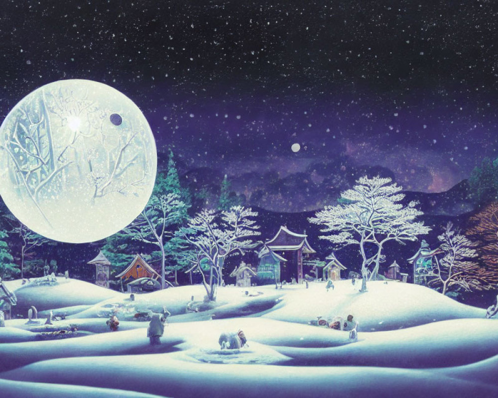 Snowy Night Scene with Moon, People, and Traditional Buildings