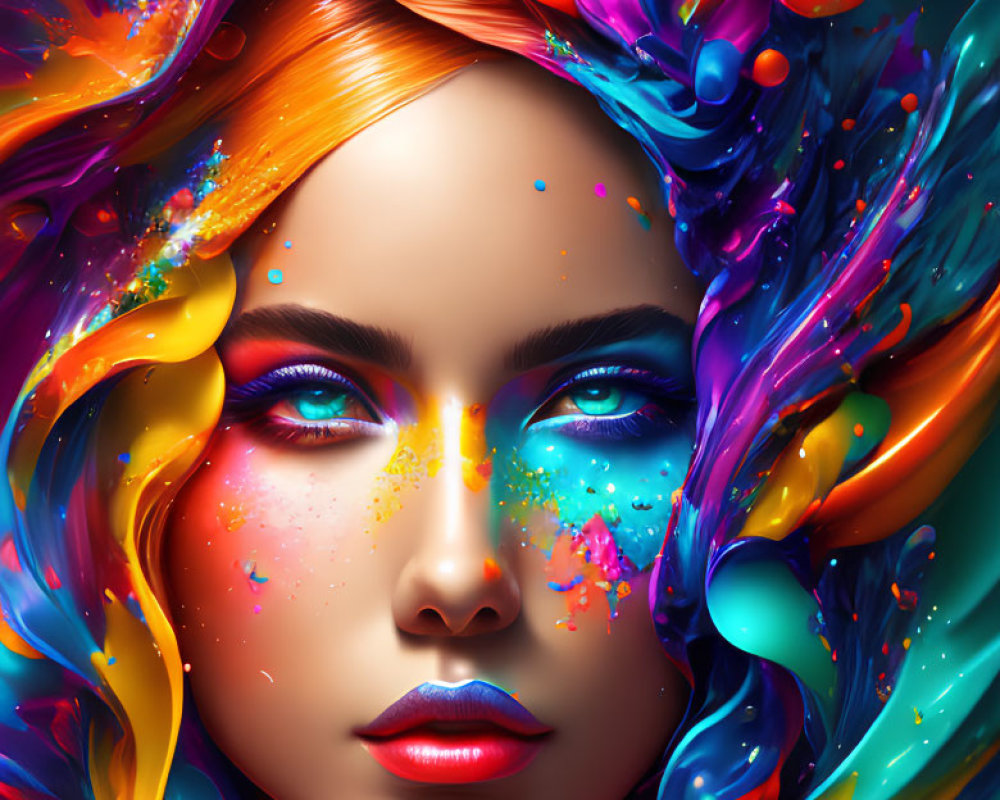 Colorful digital portrait of a woman with rainbow hair and artistic vibe