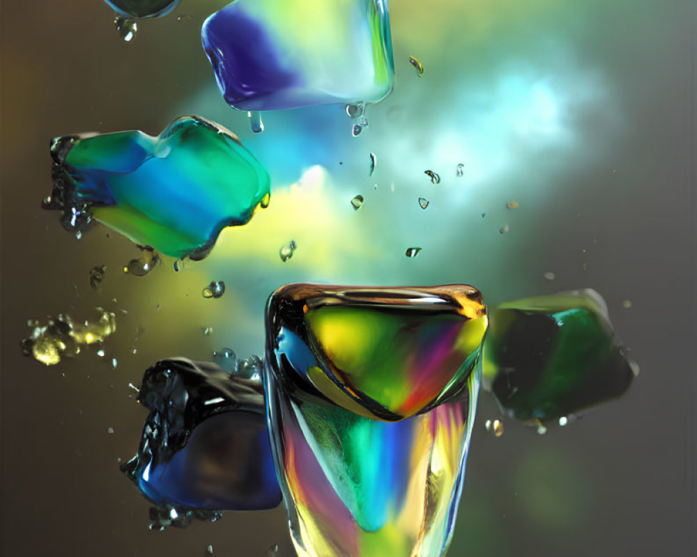 Vibrant ice cubes splash into glass with rainbow backdrop