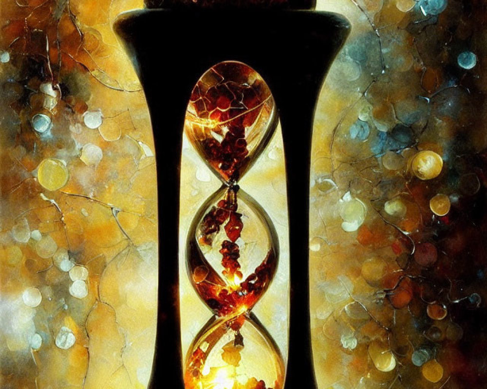 Swirling amber light in glowing hourglass against warm bokeh effect