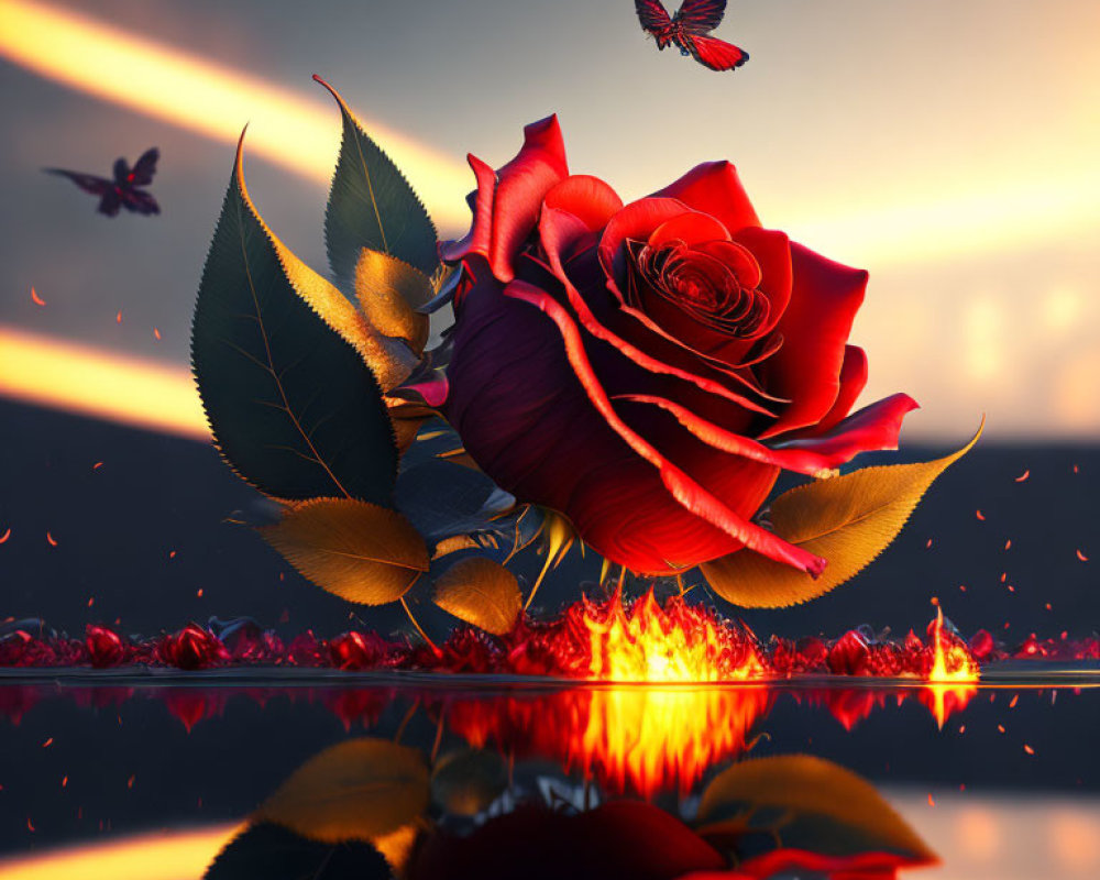 Red rose with glowing edges, butterflies, and dramatic sunset sky.