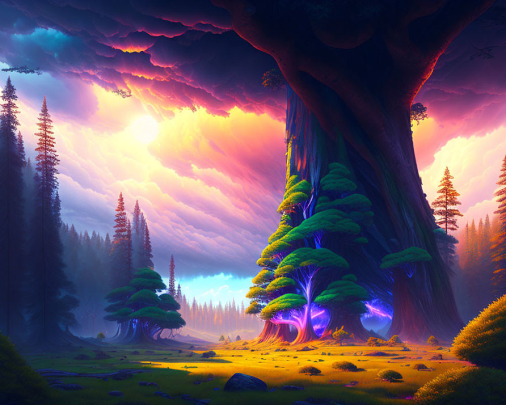 Colorful Sunset Sky Over Giant Tree and Luminous Trees in Mystical Landscape