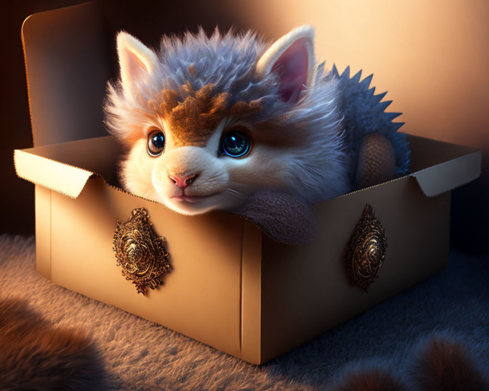 Fantasy creature with cat-like features in ornate cardboard box