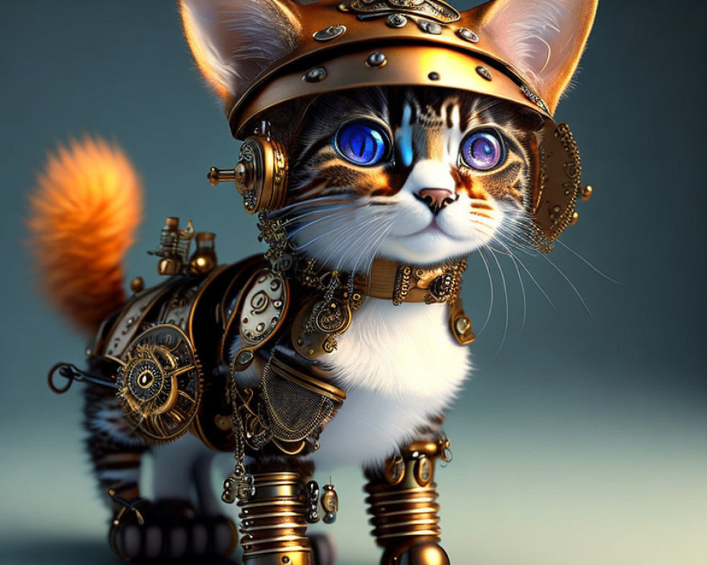 Whimsical steampunk-style cat with mechanical parts and blue eyes