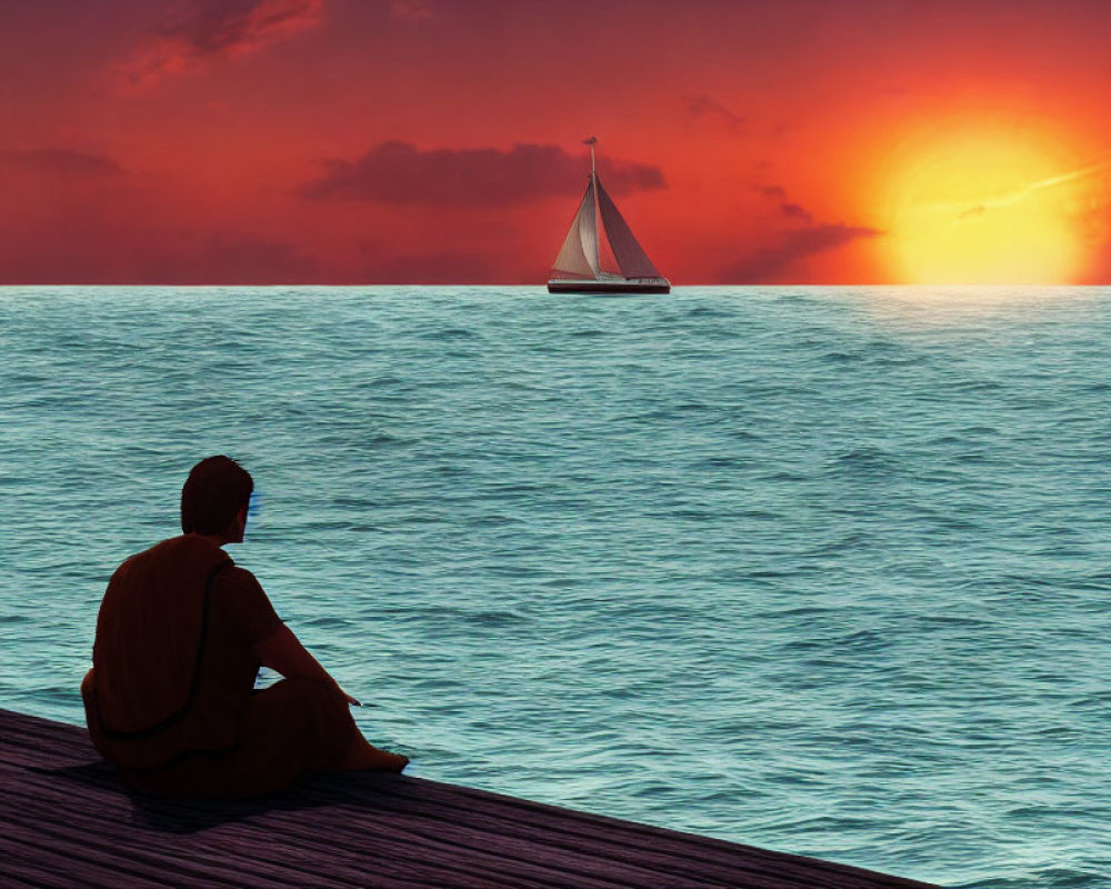 Individual in orange observing sailboat at sunset on pier