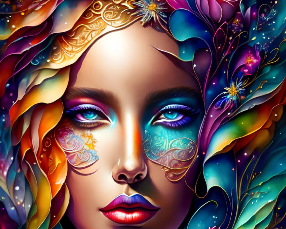 Colorful digital artwork: Woman's face with floral elements