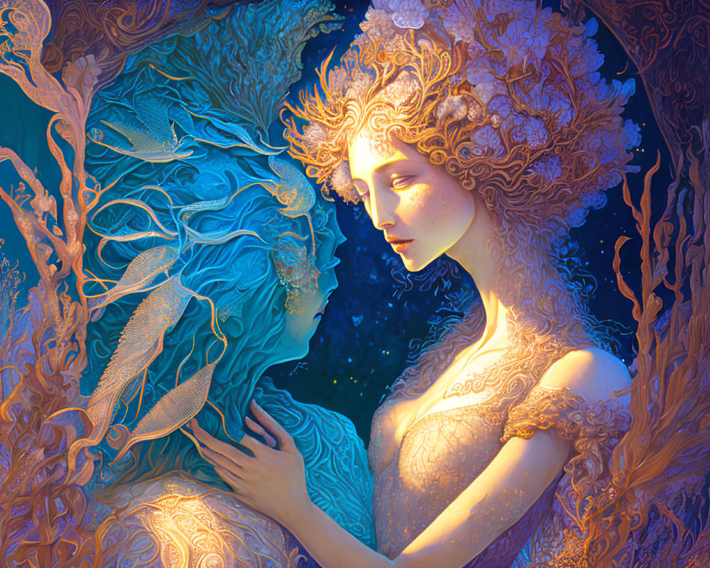 Fantasy illustration of woman and tree spirit in mystical light