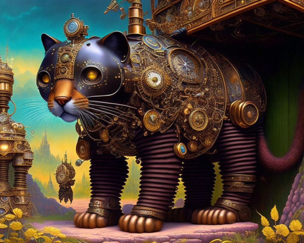 Steampunk-inspired digital art of a mechanical cat with intricate gears