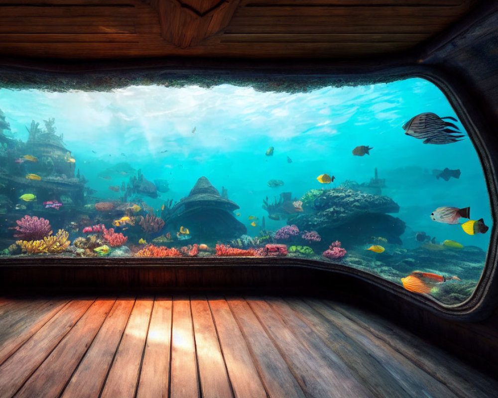 Room with Large Underwater Observation Window Showing Vibrant Coral Reef