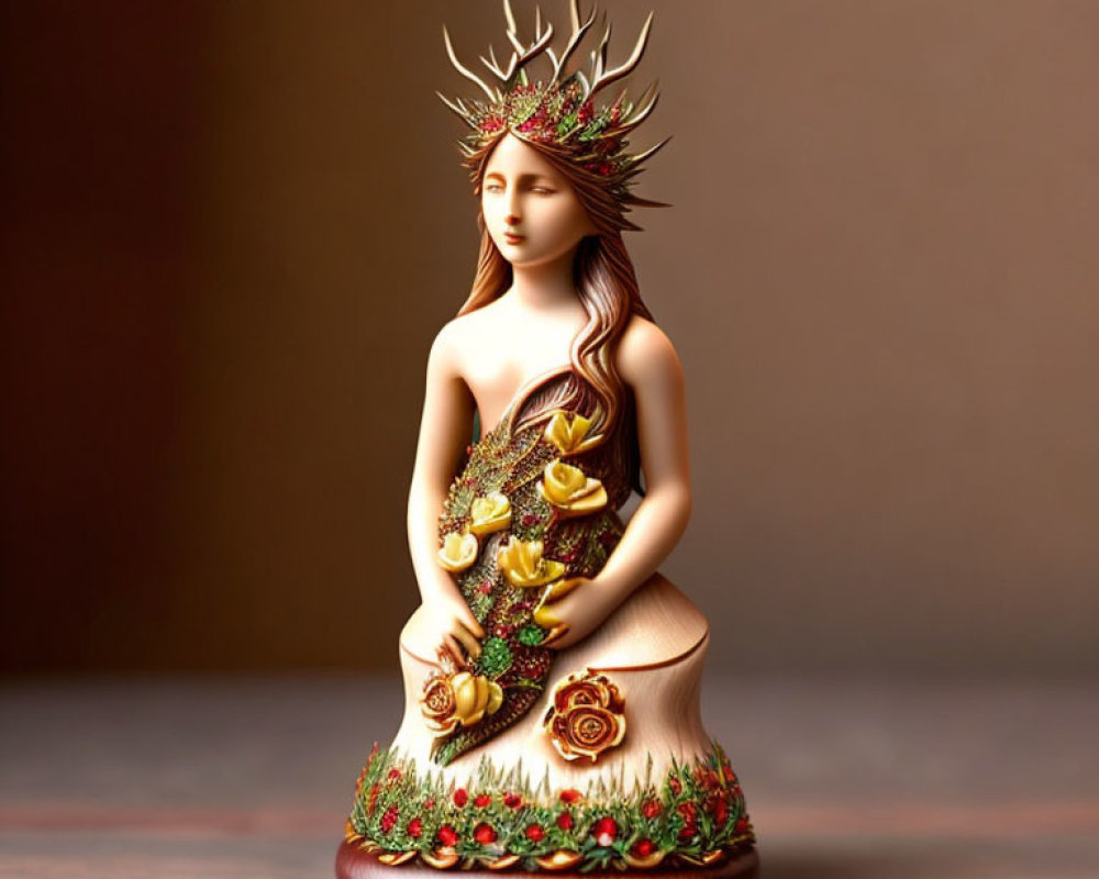 Woman Figurine with Branch Crown and Floral Dress on Soft-focus Background