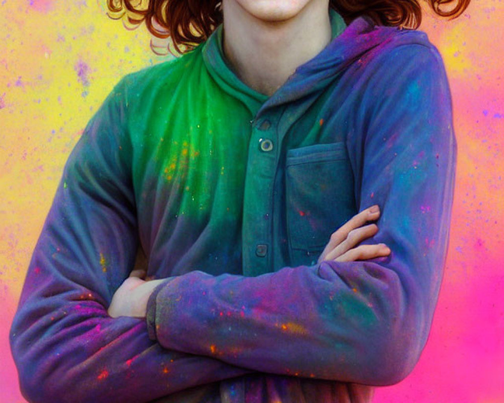 Curly-Haired Youth Smiling in Colorful Paint-Splattered Hoodie