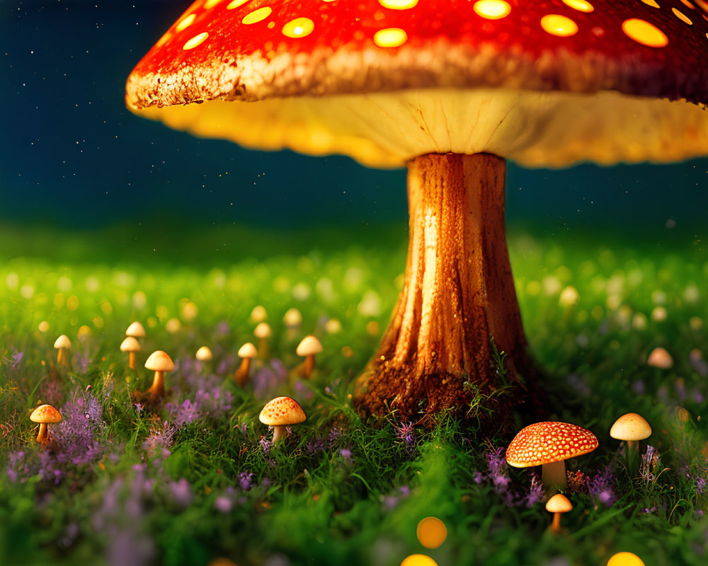 Vibrant red mushroom scene under starry sky