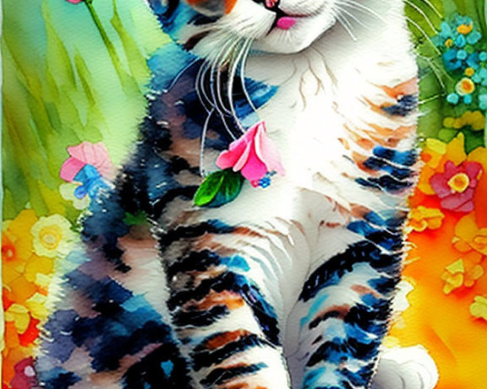 Colorful Painting of Kitten with Blue Eyes and Flowers