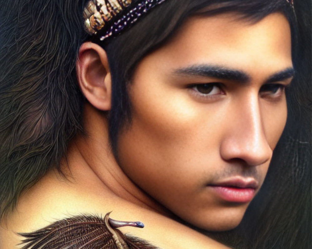 Man with Long Dark Hair Wearing Beaded Headband and Feather Tattoo