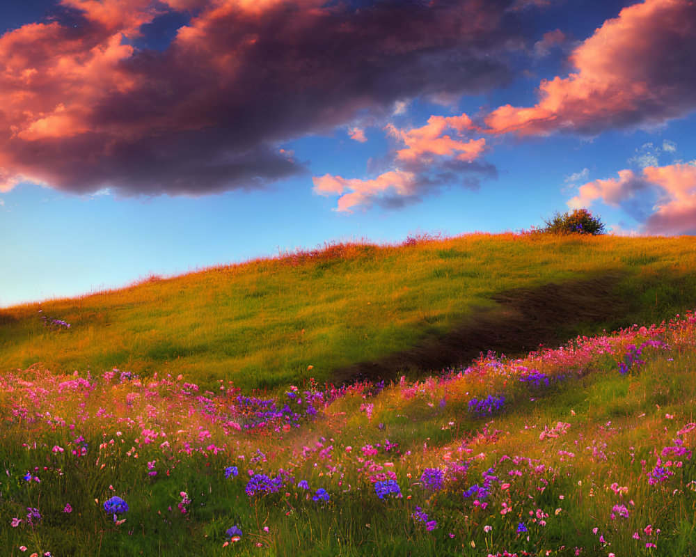 Colorful Wildflower Hill Landscape at Sunset