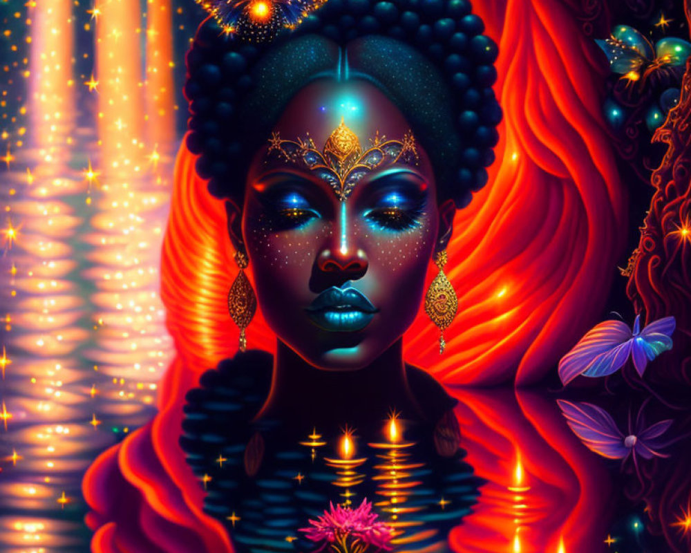 Colorful digital artwork: Dark-skinned woman with gold jewelry and cosmic makeup, surrounded by glowing butterflies