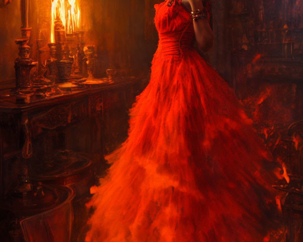 Woman in Red Dress in Vintage Room with Candles and Flames