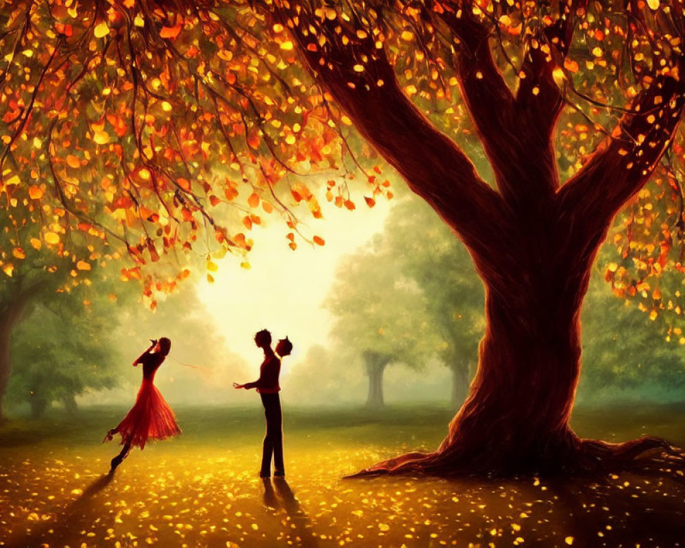 Romantic couple dancing under golden tree in serene park