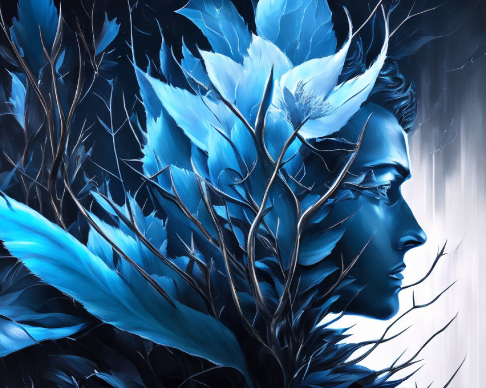 Profile view artistic depiction merged with blue feather-like leaves on dark textured background