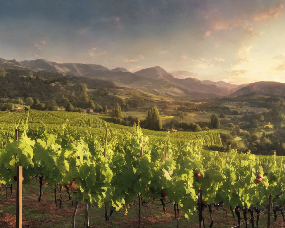 Scenic vineyard with ripe grapes, rolling hills, and golden sunset