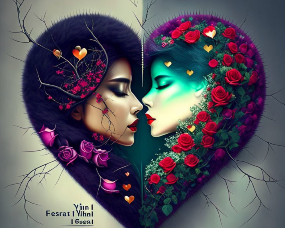 Stylized profile faces in heart shape with roses and nature motifs