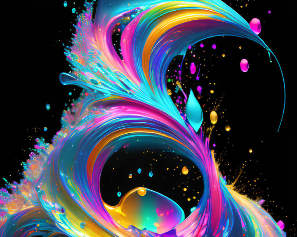 Colorful Swirling Liquids in Neon Hues on Black Background