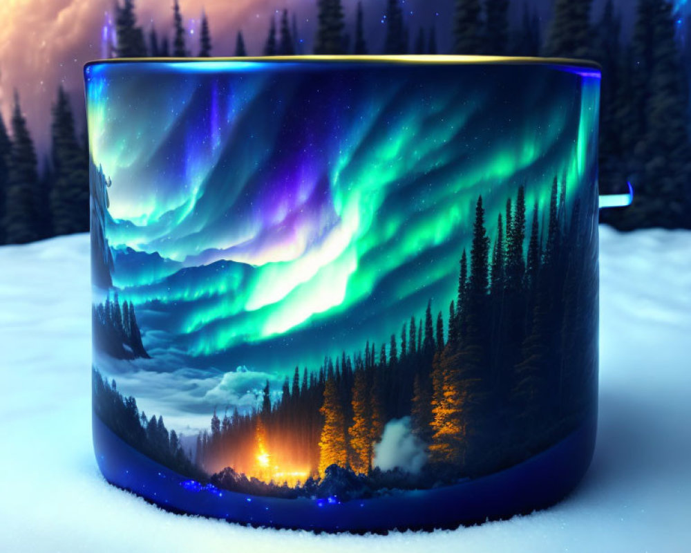 Cylindrical Object with Aurora Borealis Over Nighttime Pine Forest