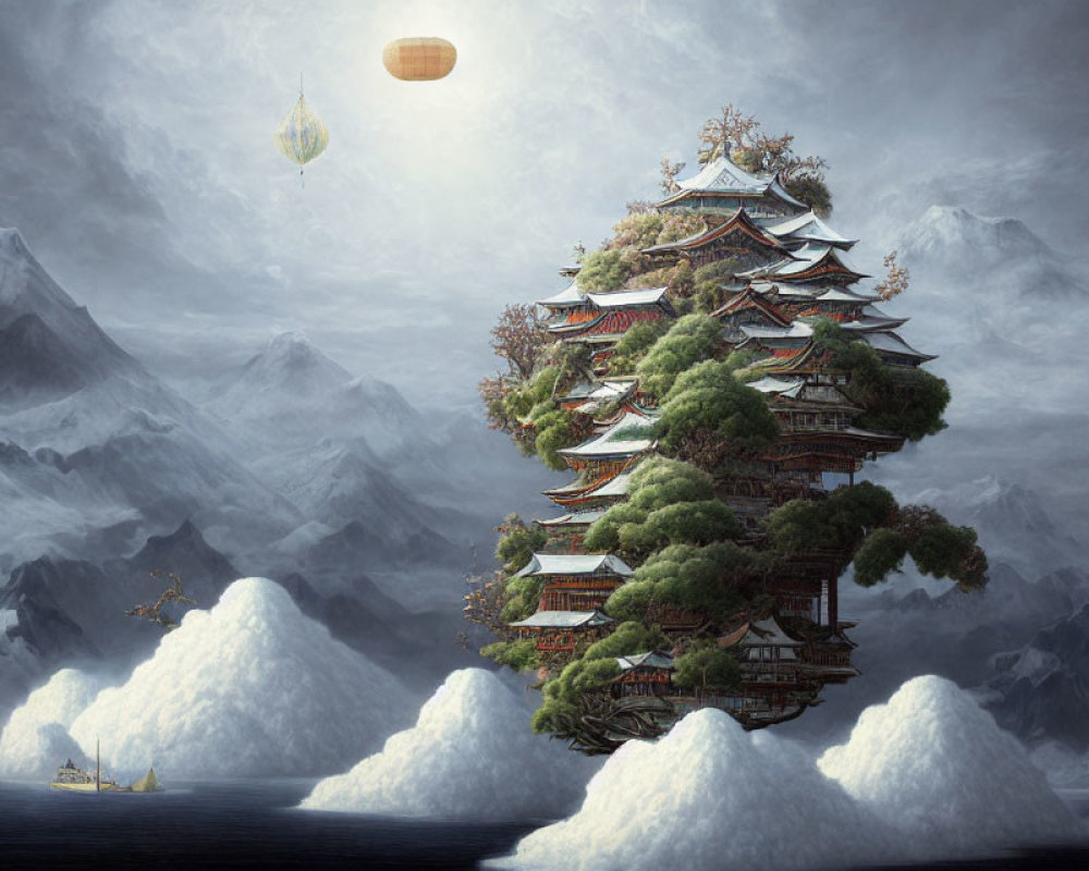 Multilayered pagoda on floating clouds with mountains, boat, and hot air balloon