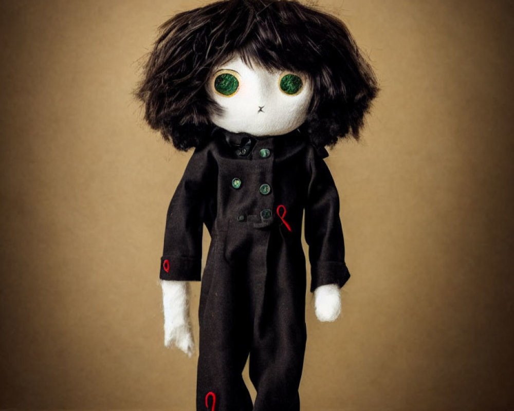 Handmade doll with large green eyes and shaggy black hair in dark suit with red accents against