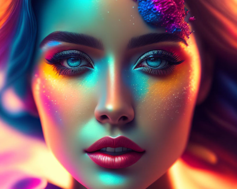 Colorful Makeup Look with Vibrant Blue Eyes and Red Lips on Woman