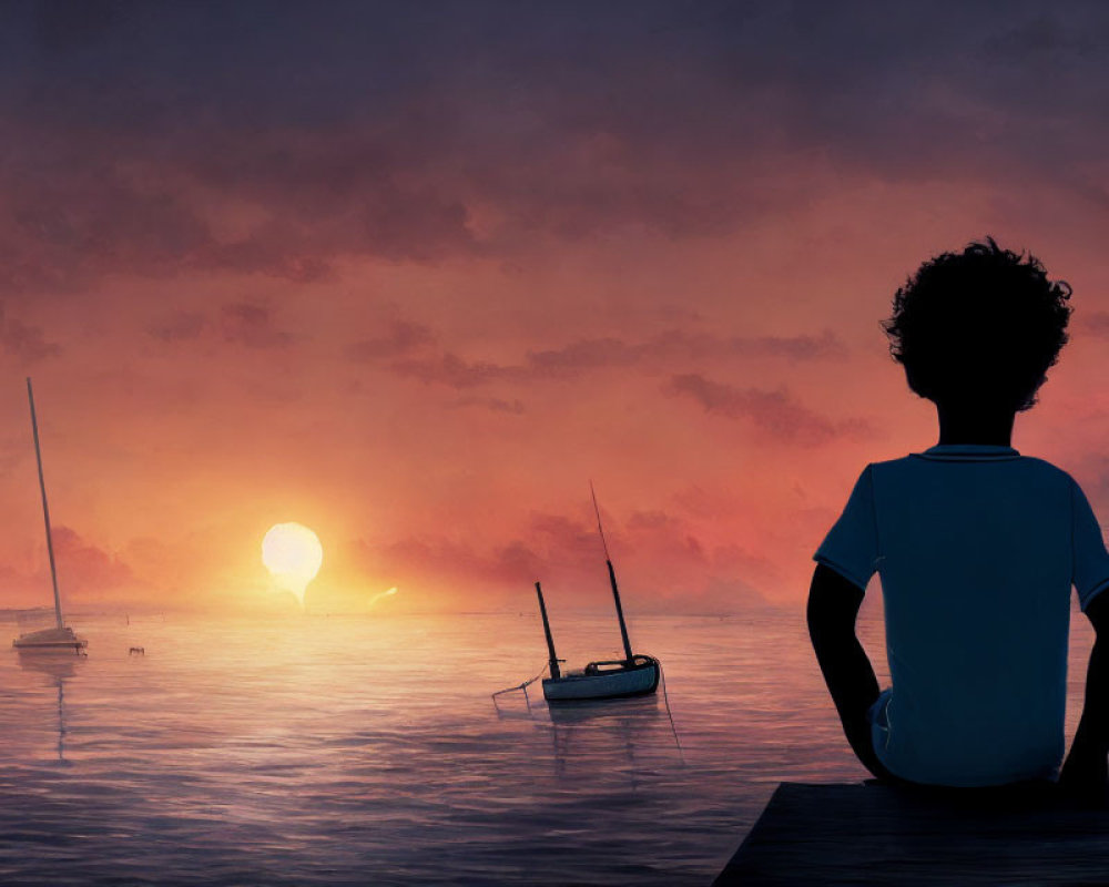 Person sitting on dock at vibrant sunset with boats on tranquil water