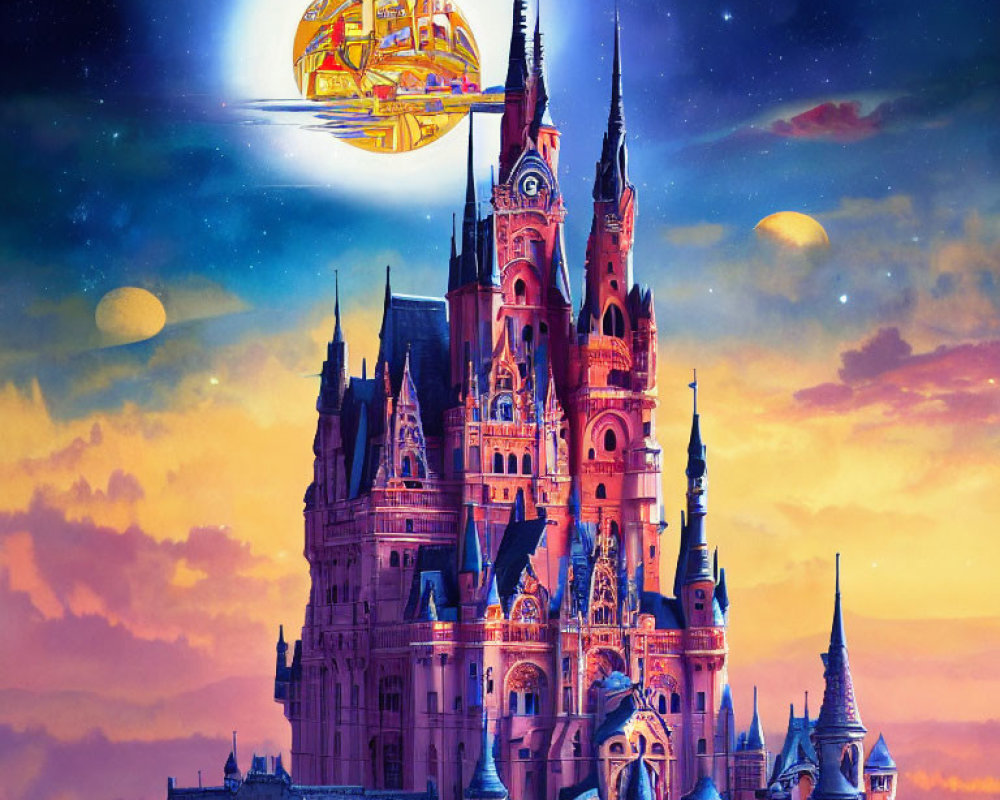 Fantastical castle with spires in vibrant sunset sky and airship.