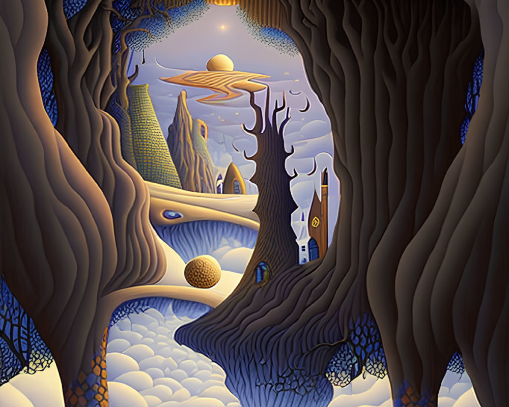 Surreal landscape featuring portal-like tree and whimsical scenery