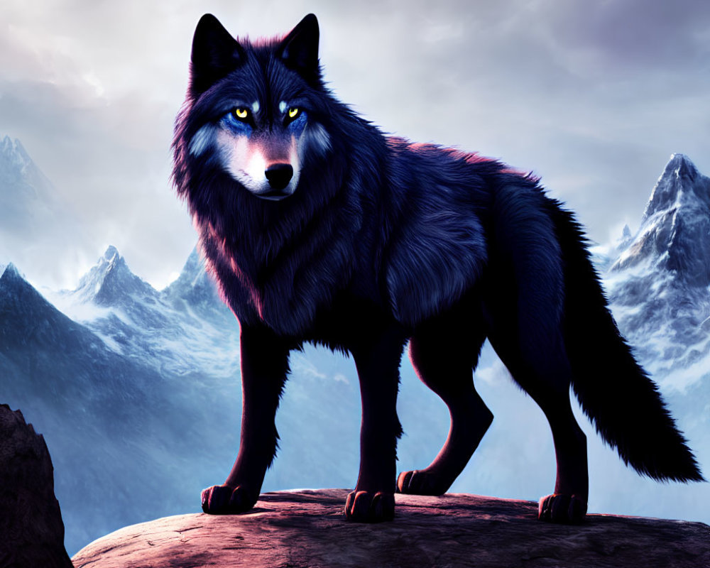 Majestic blue-tinted wolf on rocky outcrop with snowy mountains in background