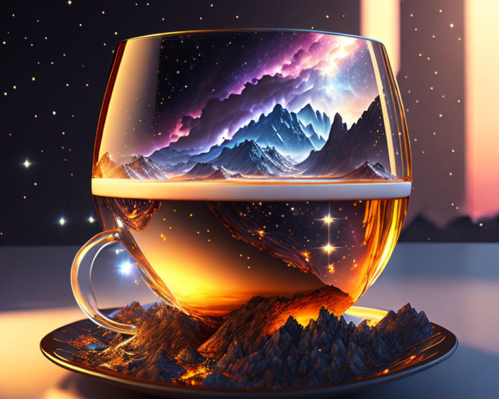 Digital artwork: Transparent cup with mountain landscape and galaxy reflection in liquid