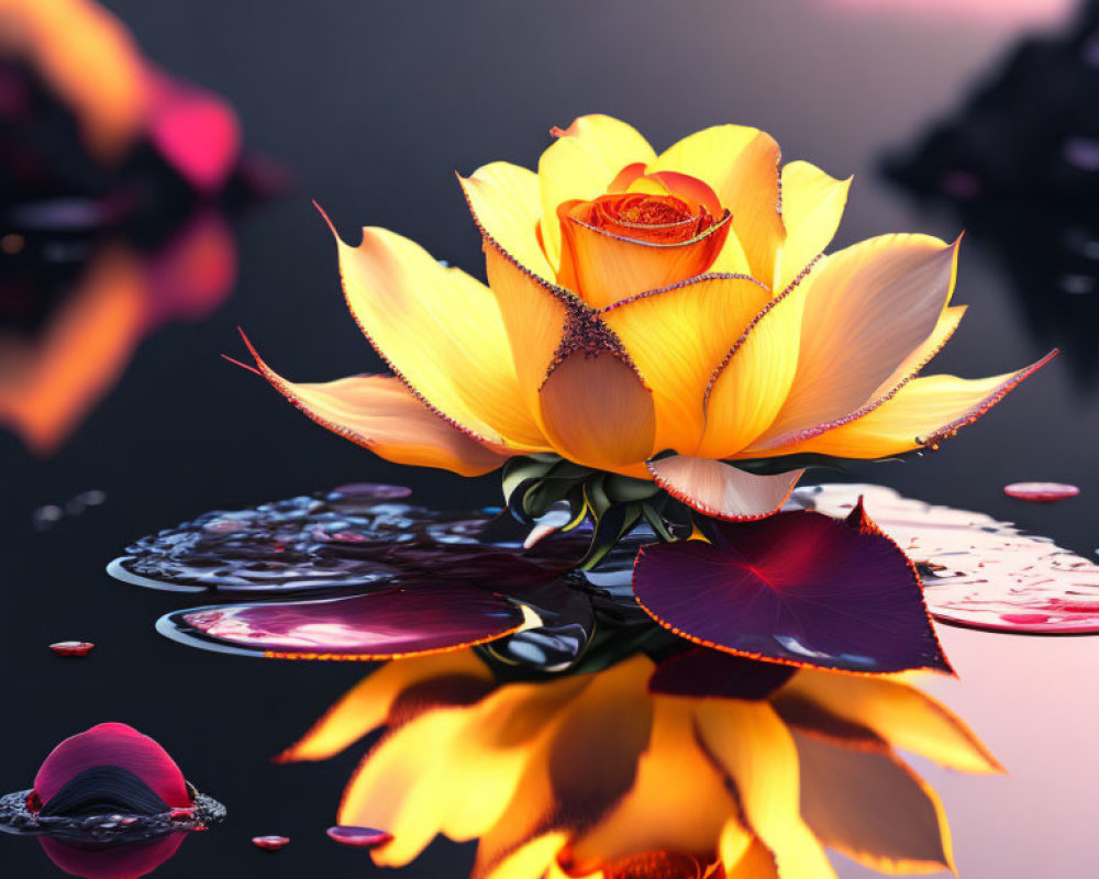 Yellow Rose with Red-Edged Petals Reflected on Water Surface